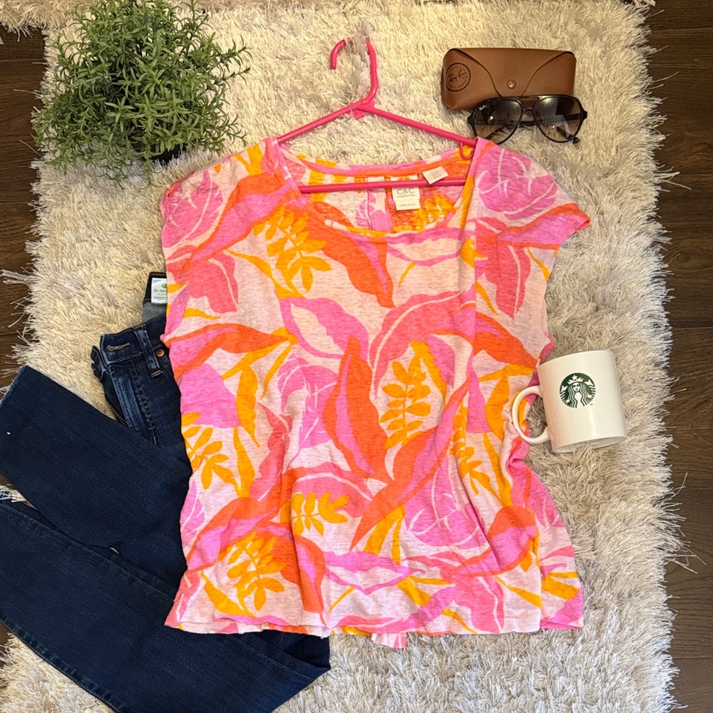 EUC C&C California 100% Linen Pink Tropical Wide Sleeve Cap Tank Top XL